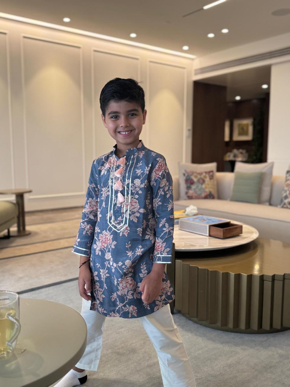 Blue and pink printed kurta set