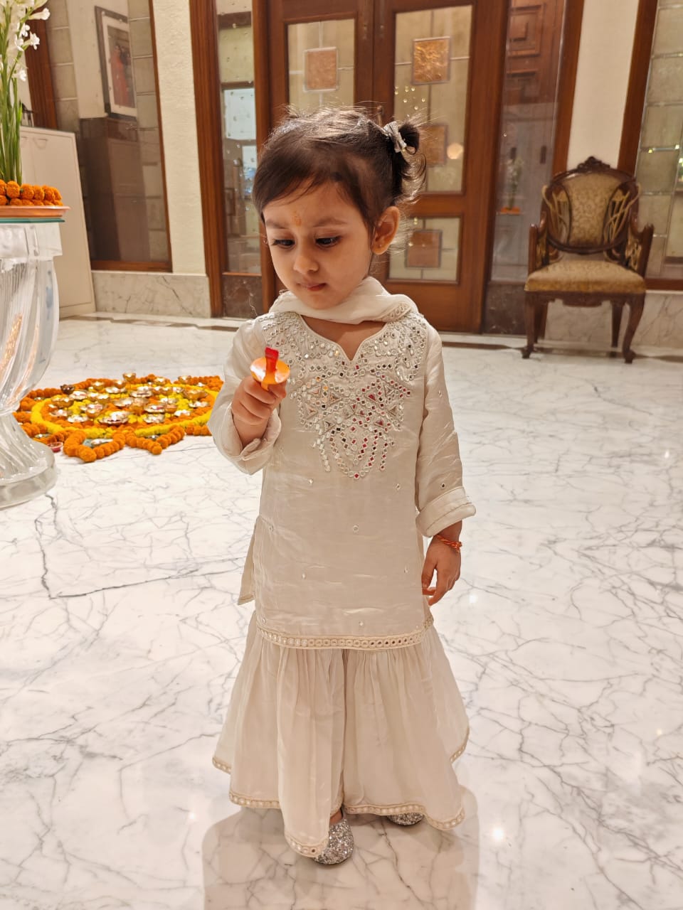 Graceful white mirror work sharara set