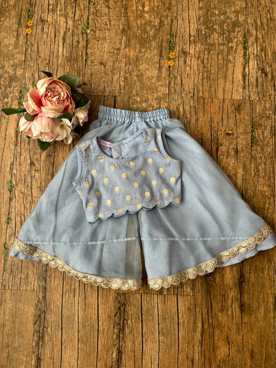 Greyish blue benarasi crop top and palazzo set