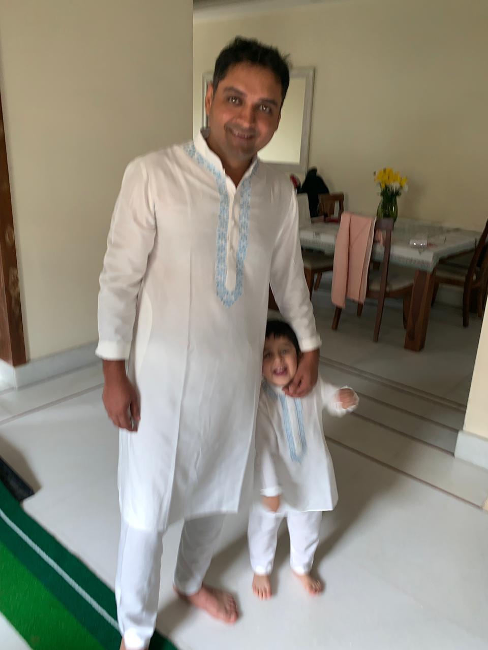 Elegant light blue cotton silk kurta & white pants set