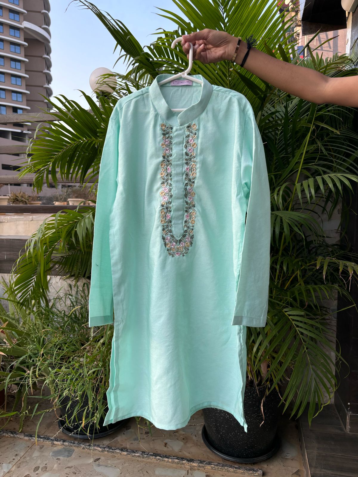 Aqua blue cotton kurta set