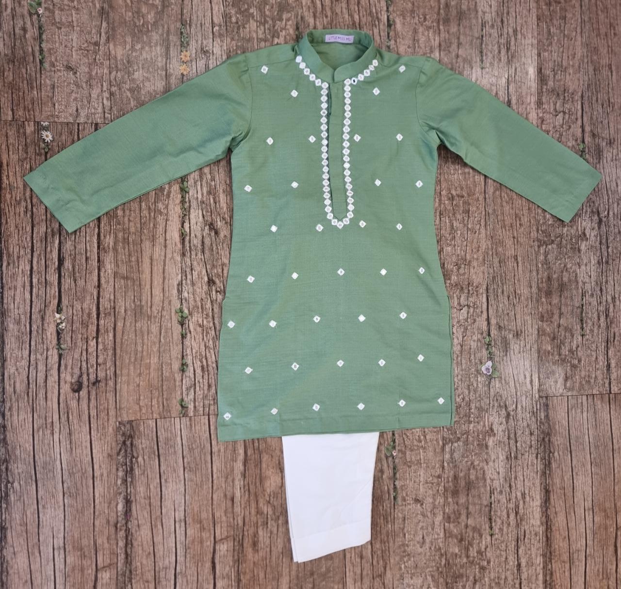 Bottle green mirror work kurta set