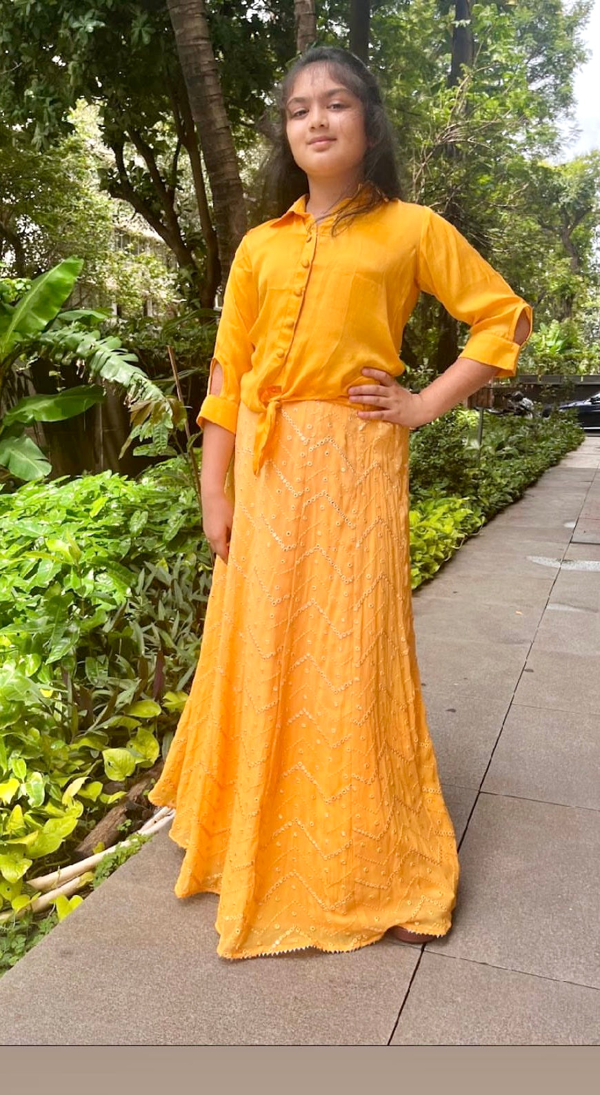 Sunflower yellow mirror lehenga & satin shirt top