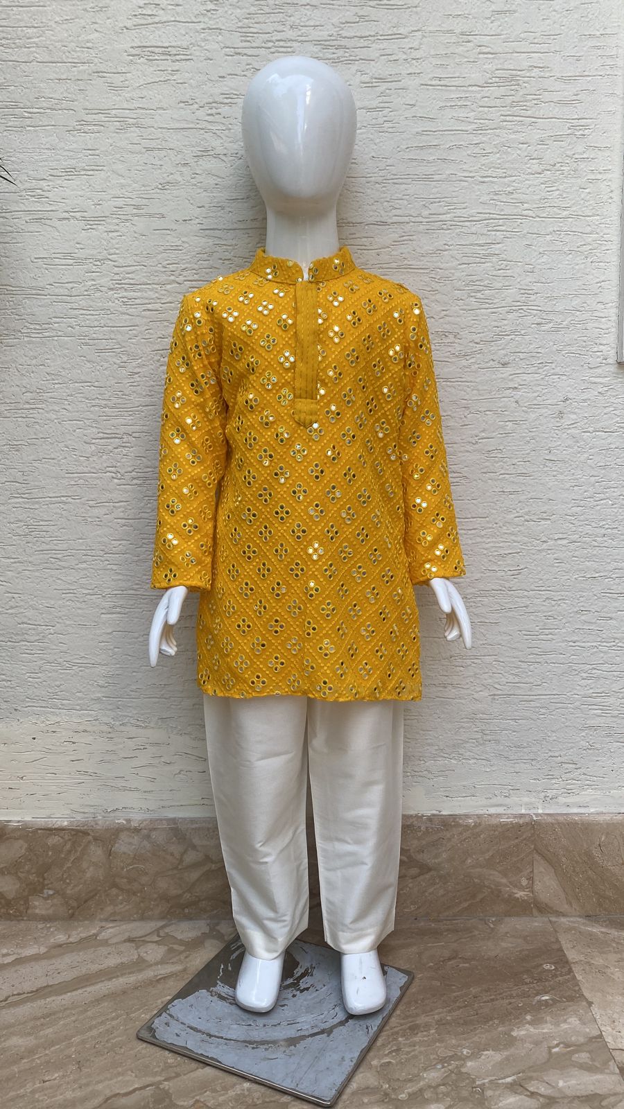 Mango yellow mirror work kurta set