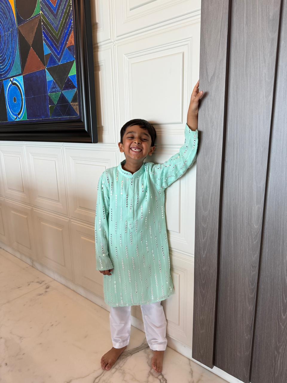 Aqua blue mirror work kurta set