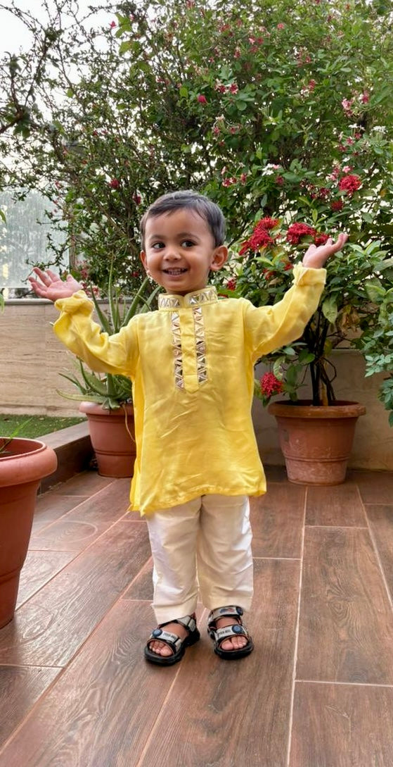 Sunny yellow silver triangular minor work kurta & white pants set