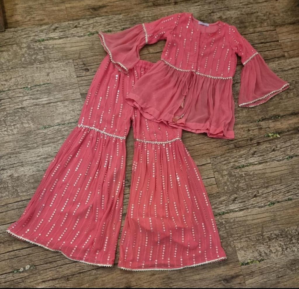 Coral mirror work peplam sharara set