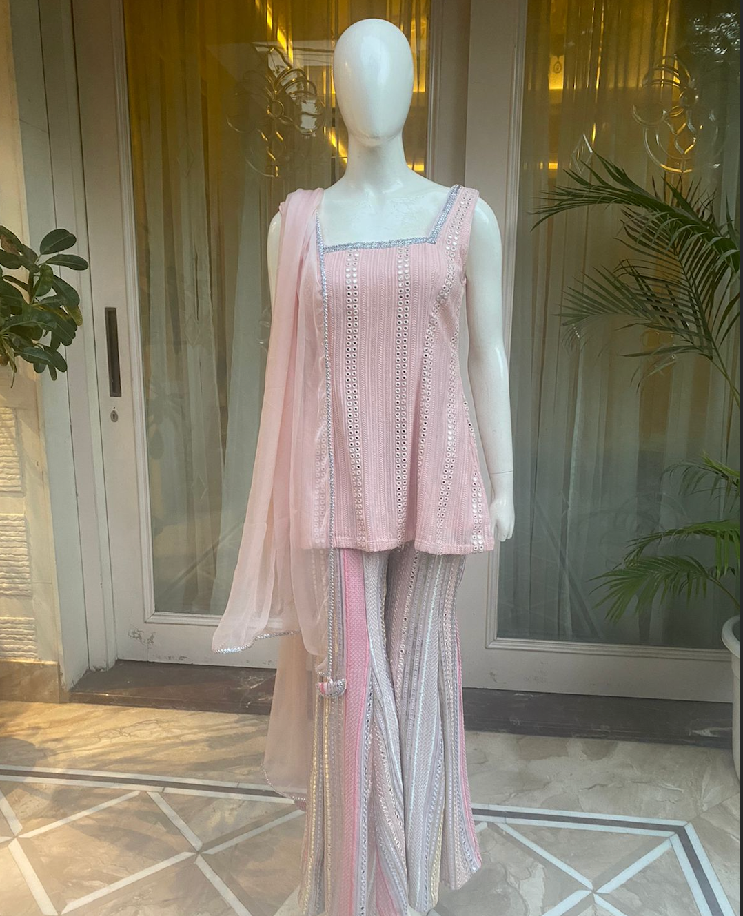 Multi coloured mirror work palazzo set