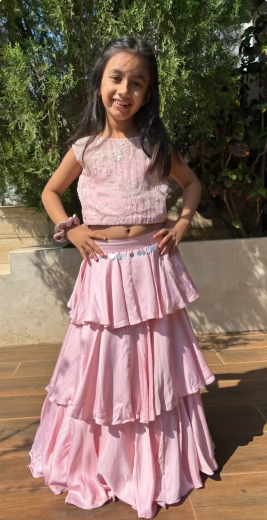 Blush pink 3 tiered lehenga set & sequins embroidered blouse