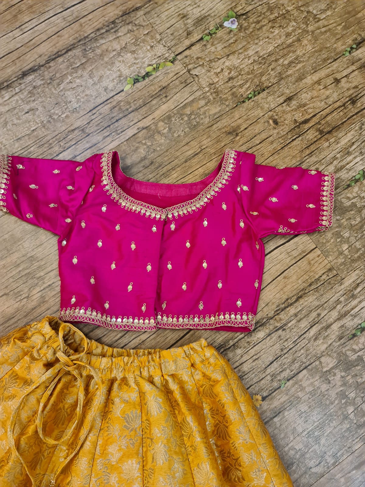 Hot pink and mango brocade lehenga set