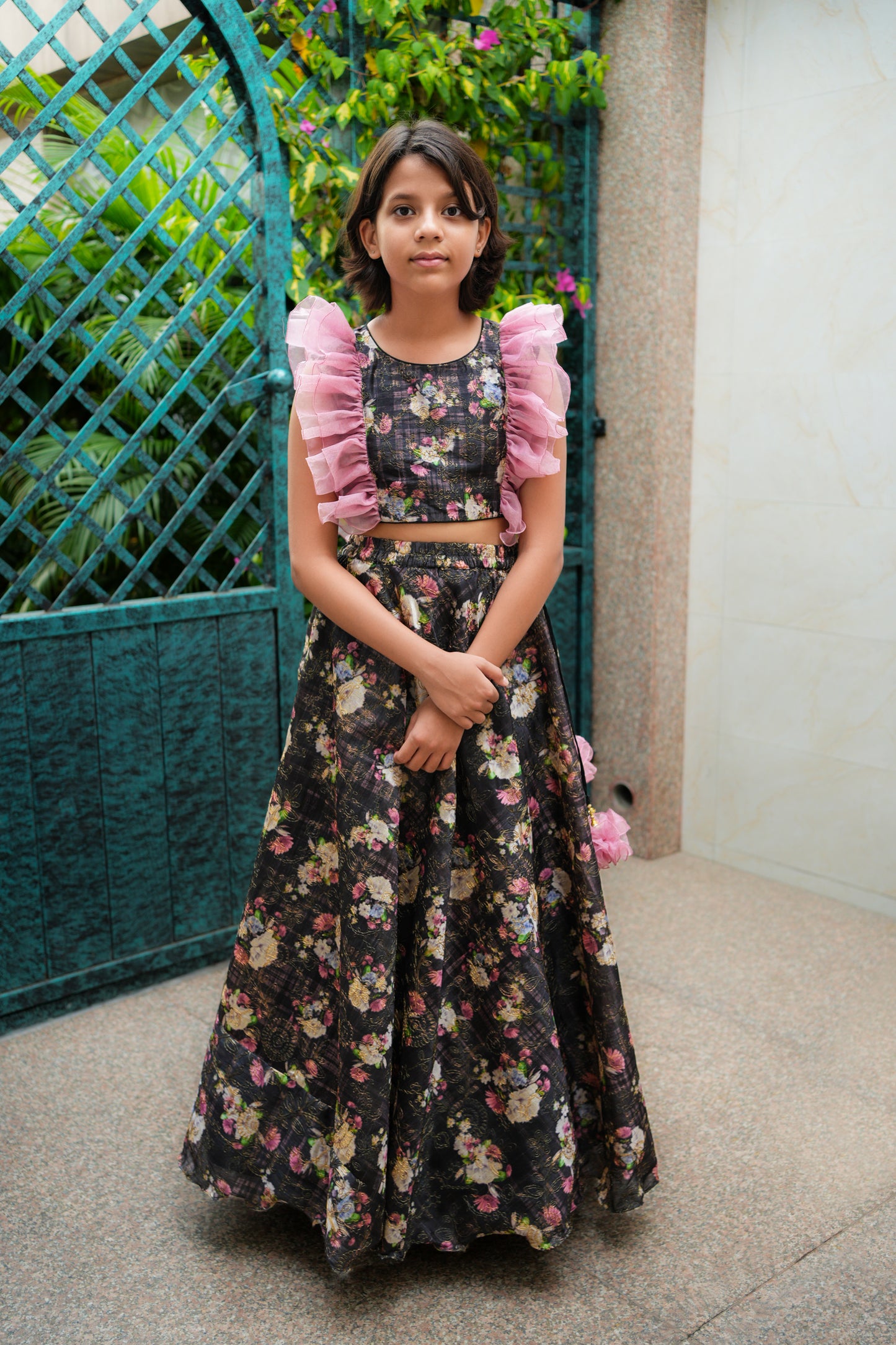 Lovely black floral crop top and lehenga skirt shirt