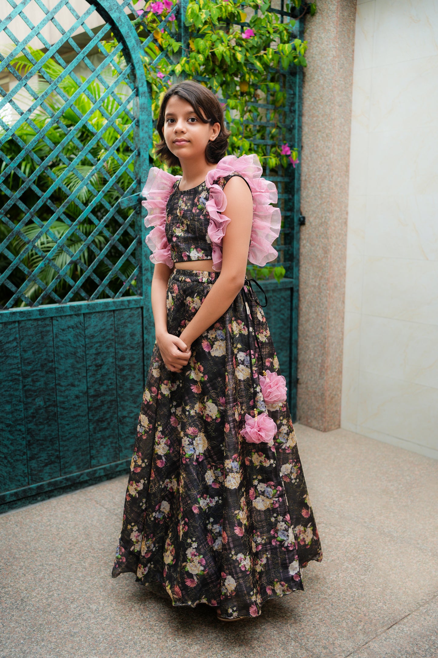 Lovely black floral crop top and lehenga skirt shirt