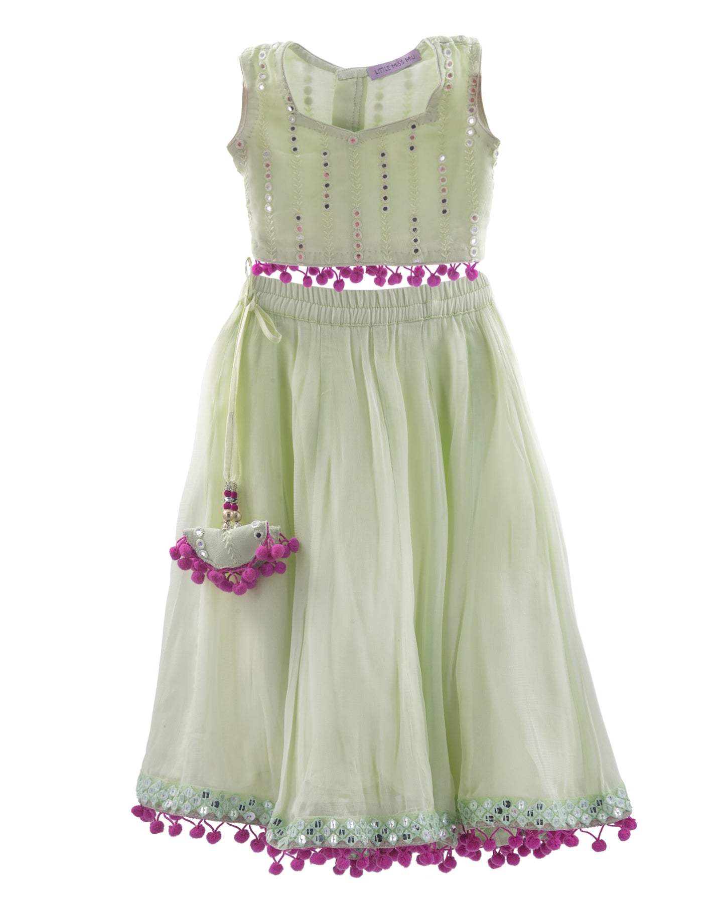 Lime green mirror work blouse & pom pom lehenga skirt