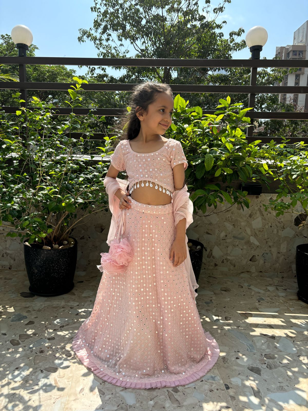 Powder pink mirror work lehenga set