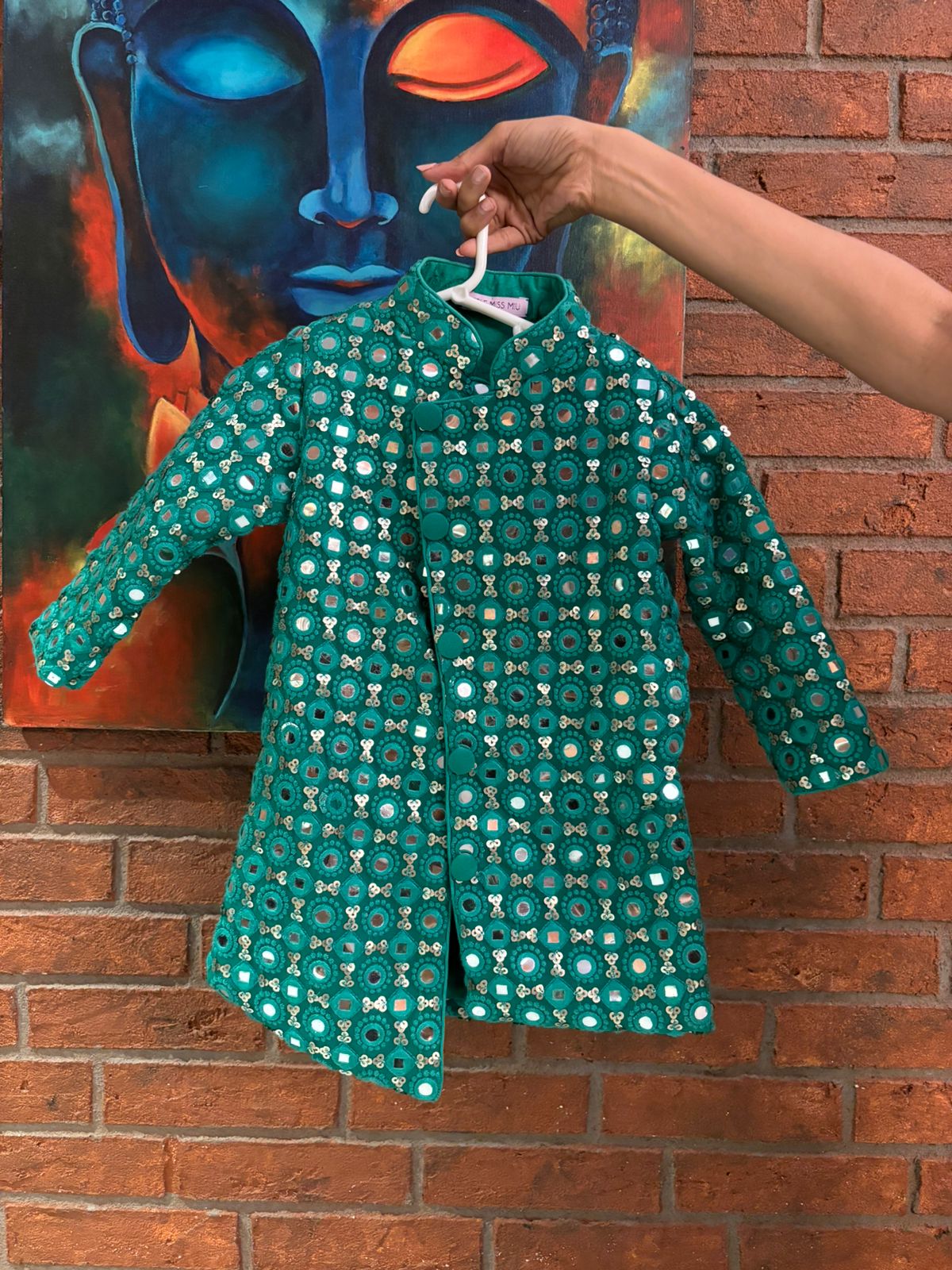 Turquoise green sherwani set