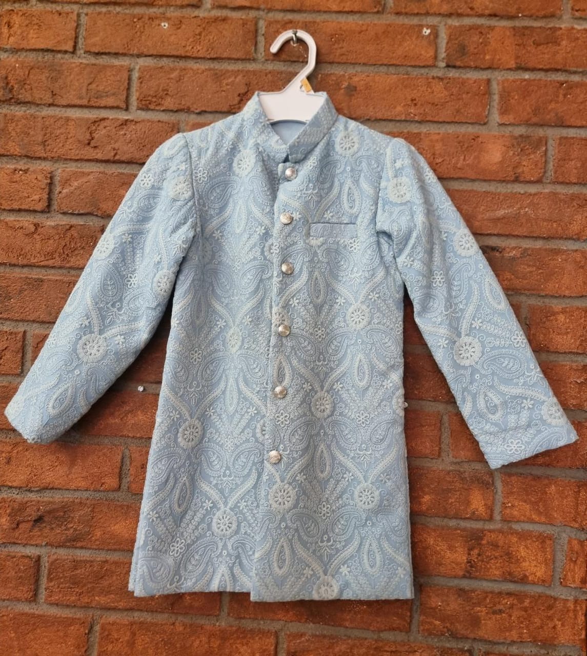 Sky blue chikankari sherwani set