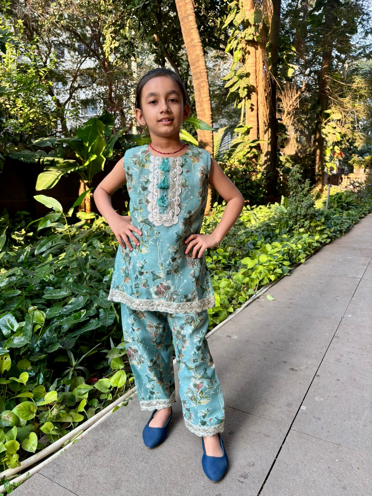 Cute floral linen indo western co-ord set adorned with laces & tassels