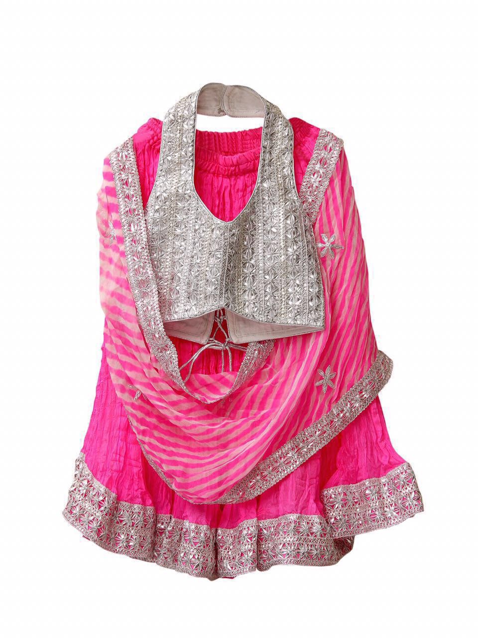 Hot pink crushed silk lehenga set with gota halter blouse & leheriya dupatta