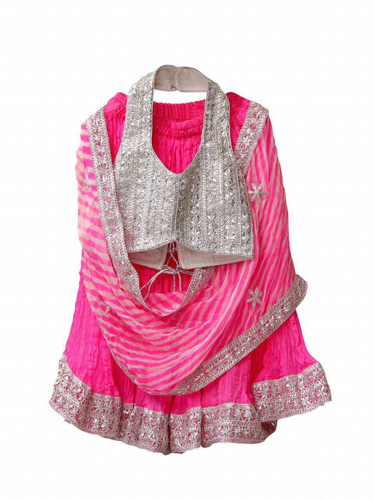 Hot pink crushed silk lehenga set with gota halter blouse & leheriya dupatta