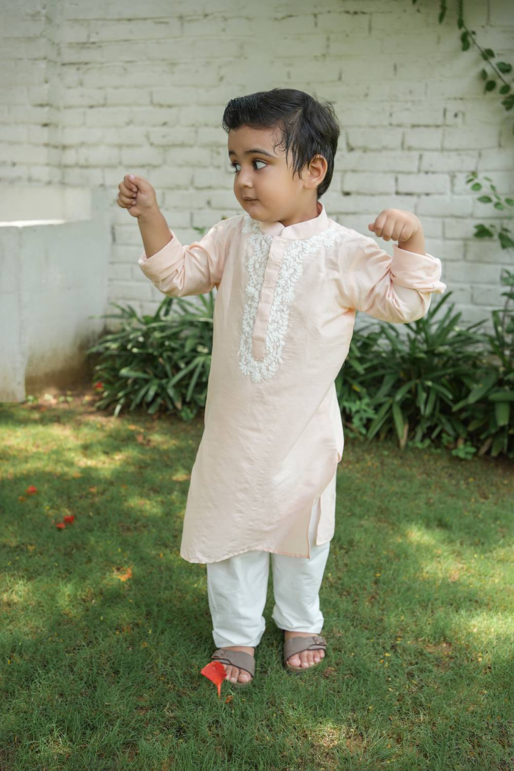Soothing peach cotton silk kurta & white pants set