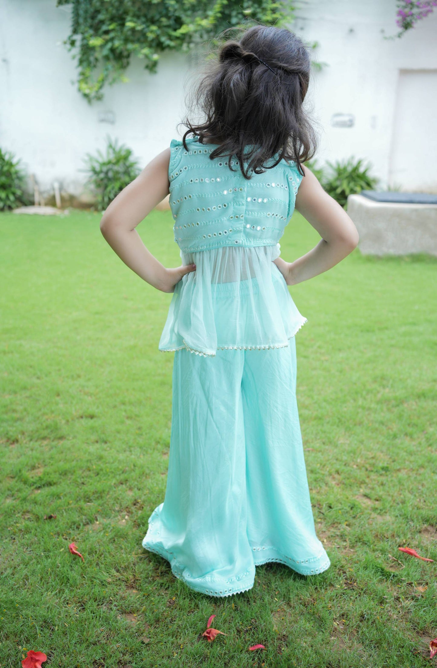 Elsa mirror work crop top with chiffon peplam and a beautiful flowy pallazo set