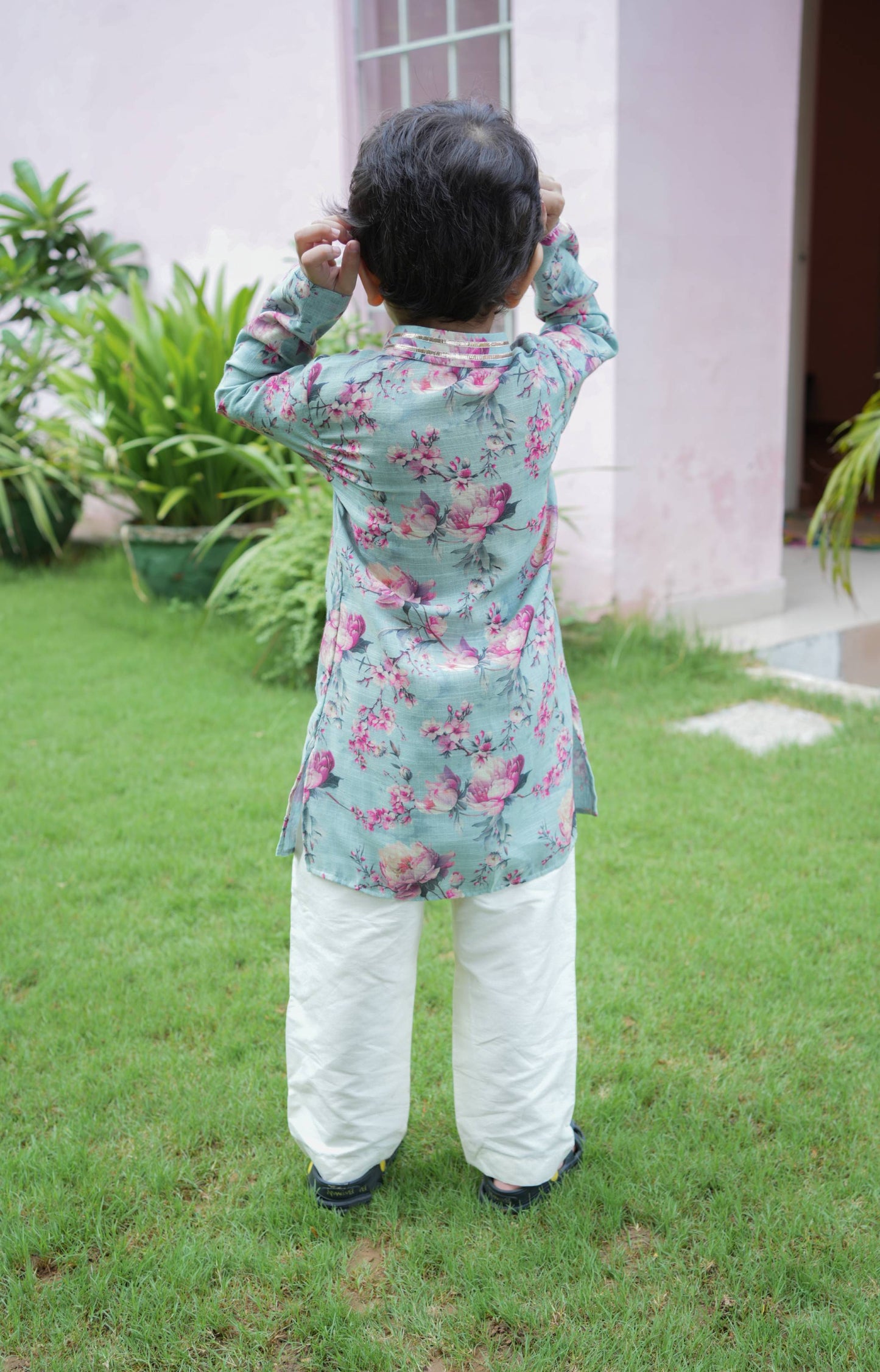 Blooming floral cotton linen kurta with gota lines along with white cotton silk pants set