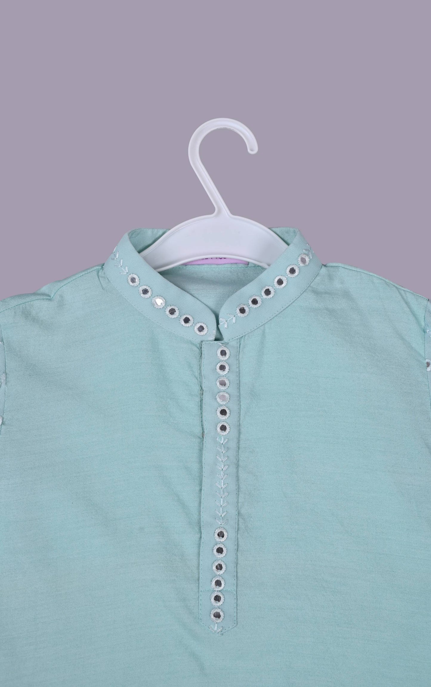 Elegant pretty green kurta with mirror work on geogette sleeves and white pants set