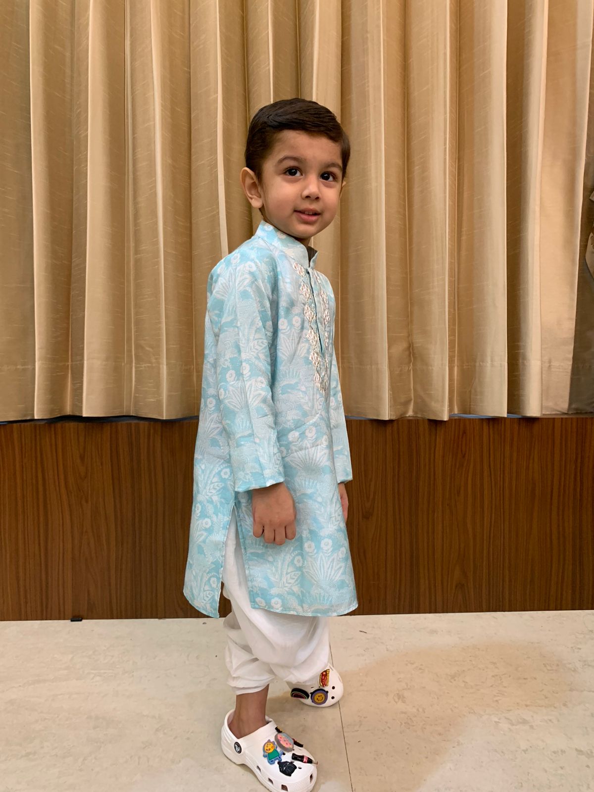 Striking sky blue printed kurta and white pants set