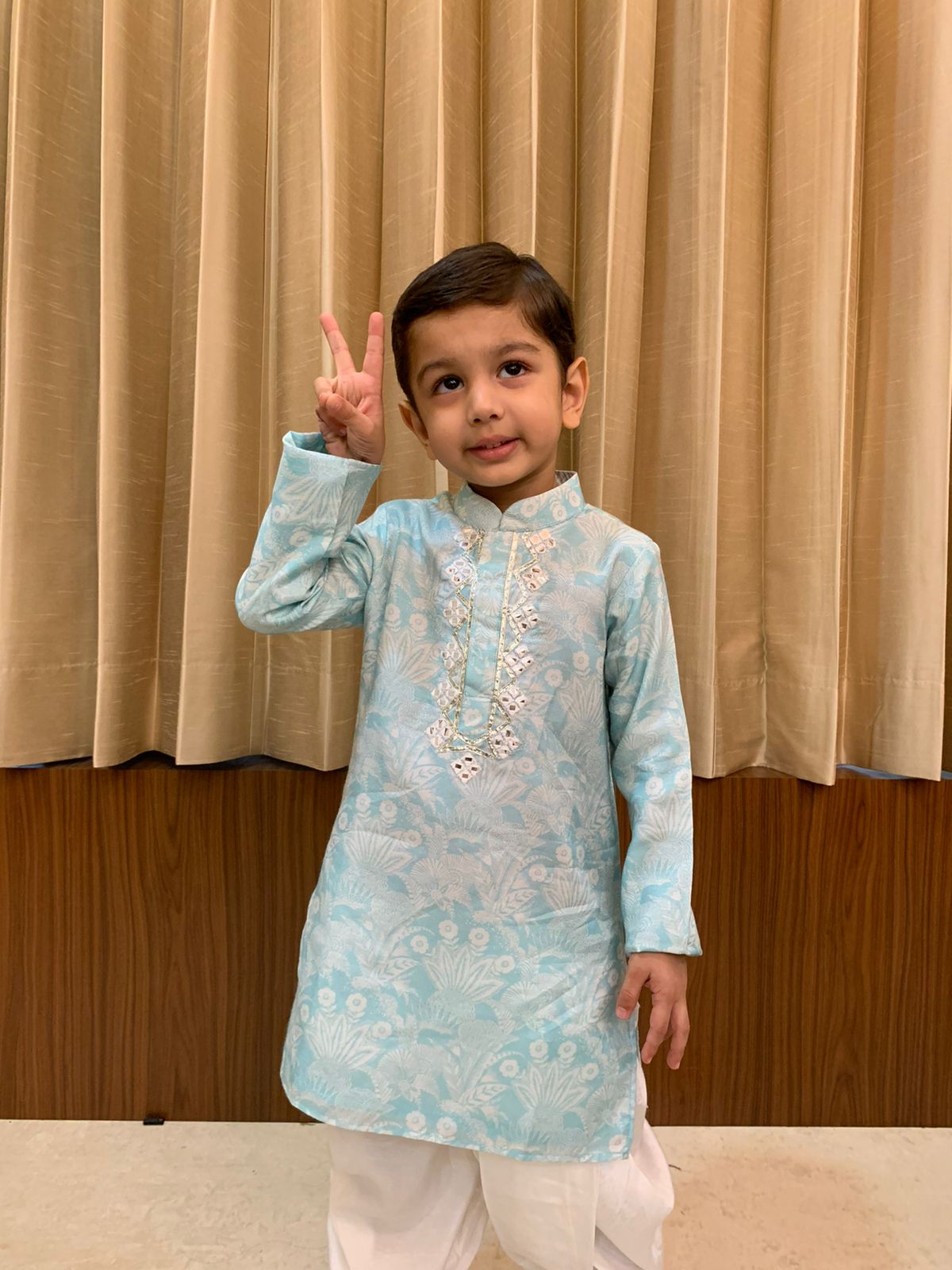 Striking sky blue printed kurta and white pants set
