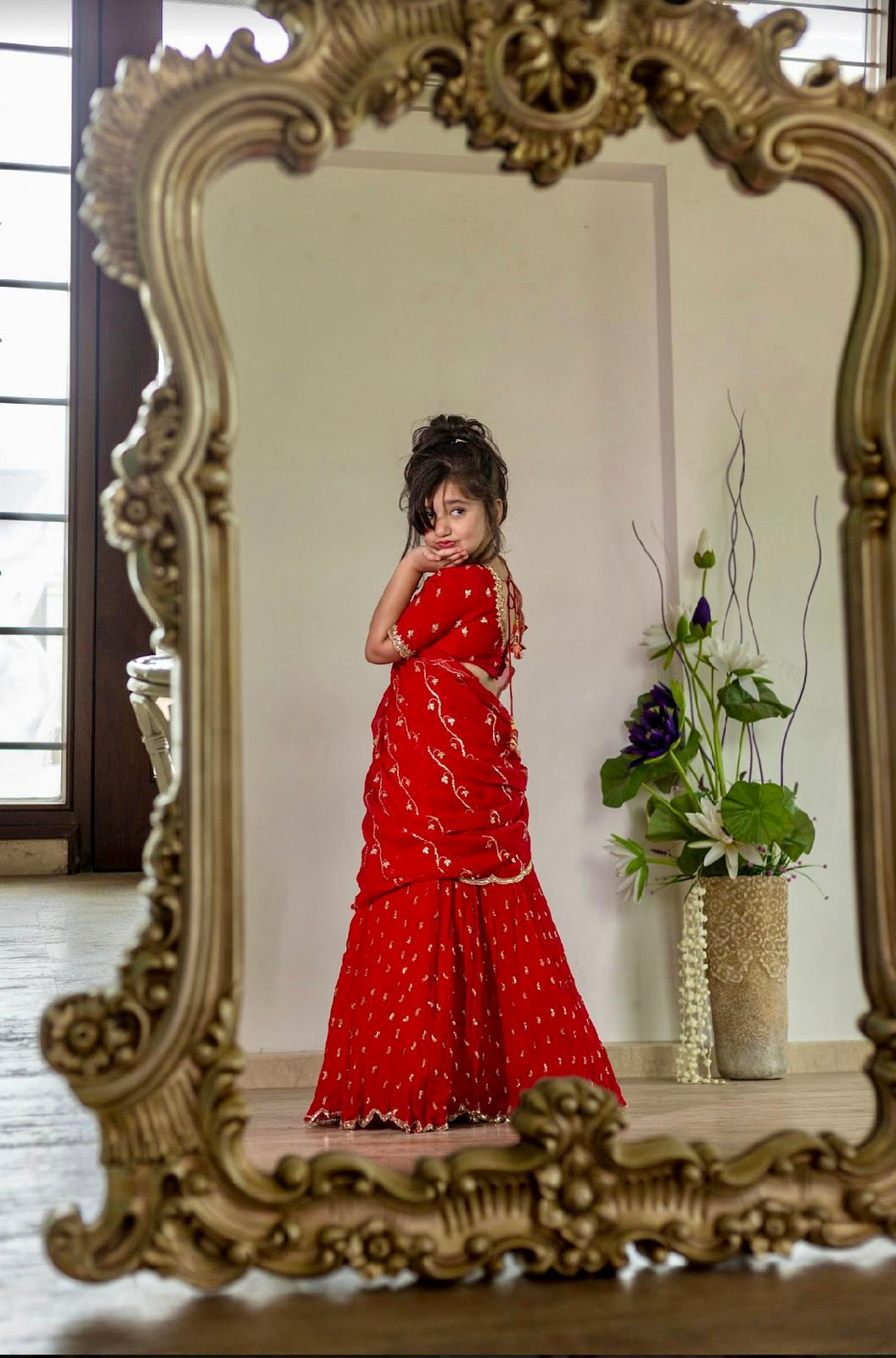 Crimson red crushed chiffon lehenga set with katdana work