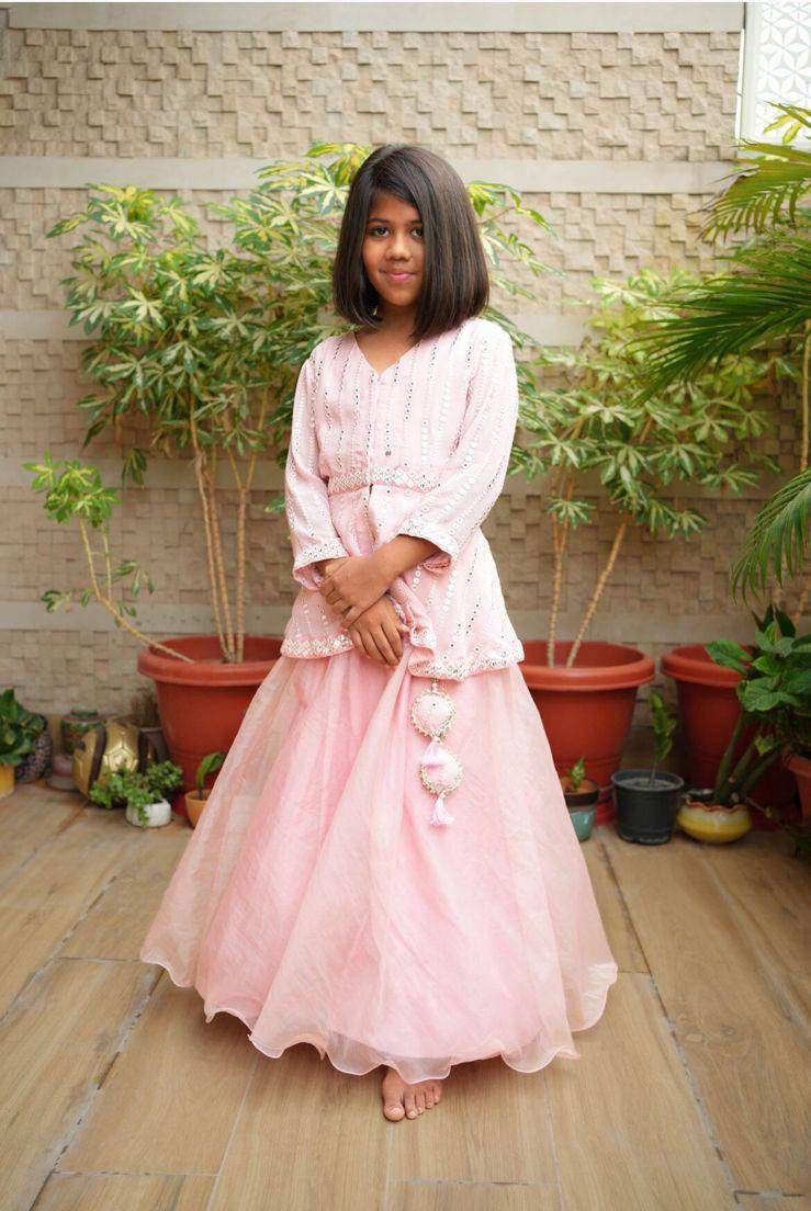 Pretty Baby pink mirror work peplam top with a beautiful organza skirt