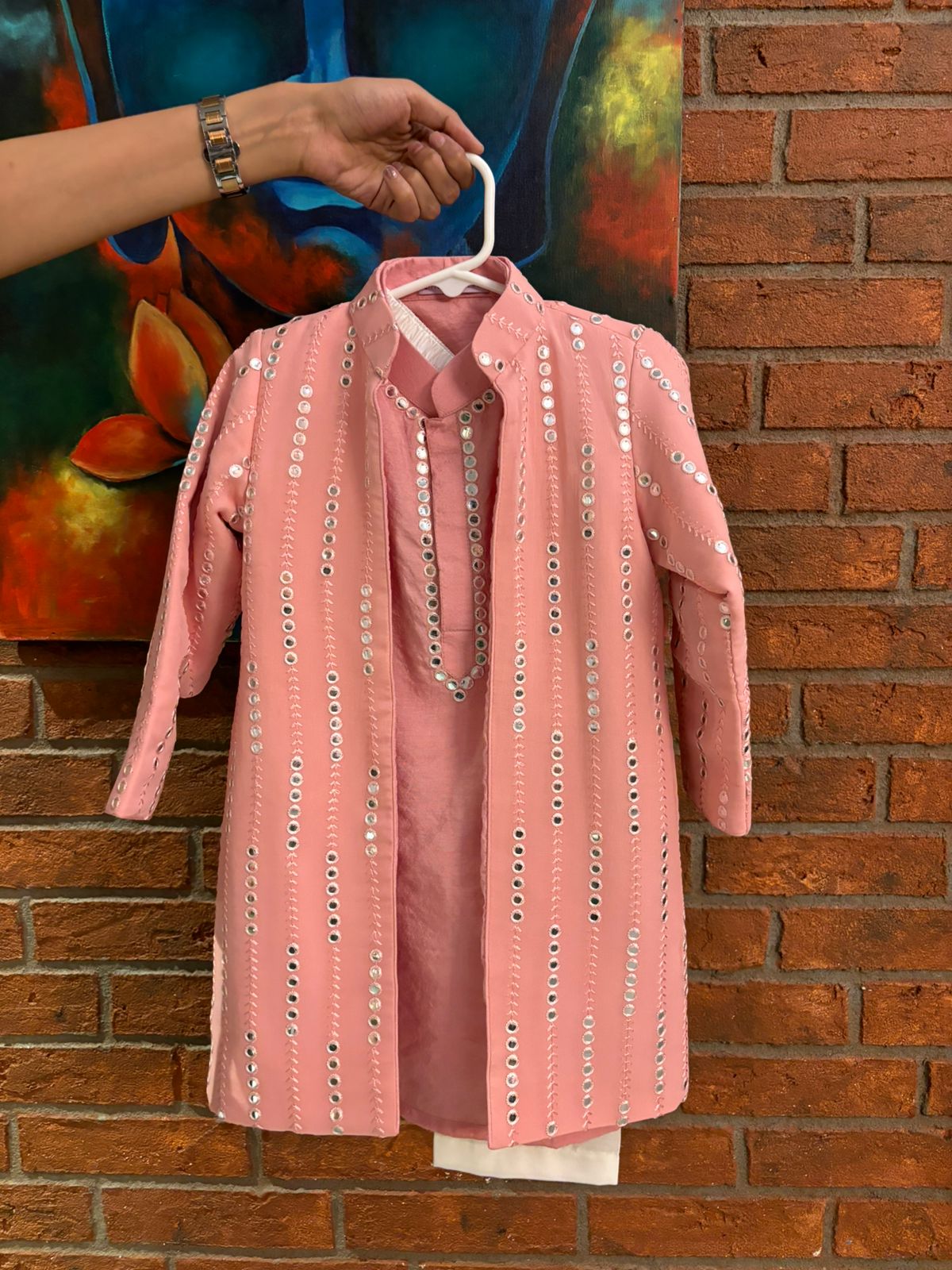 Pink mirror work sherwani set