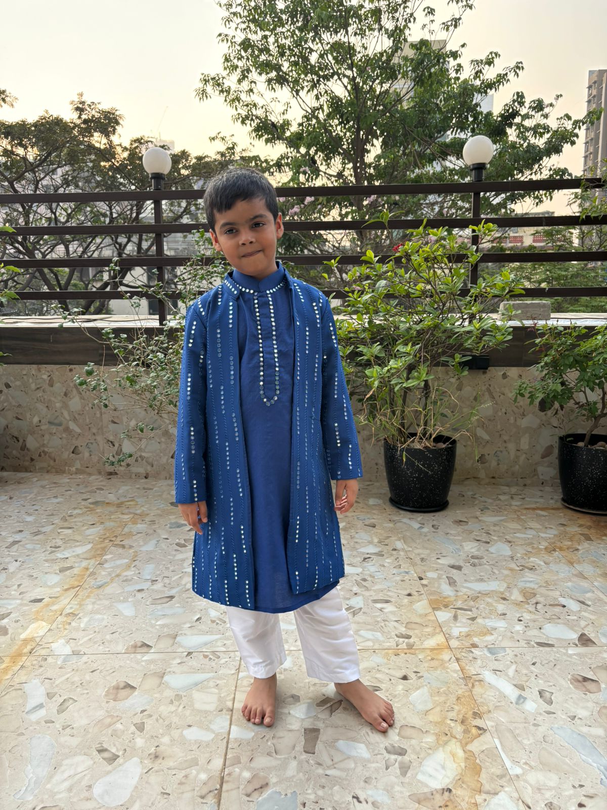 Blue mirror work sherwani set