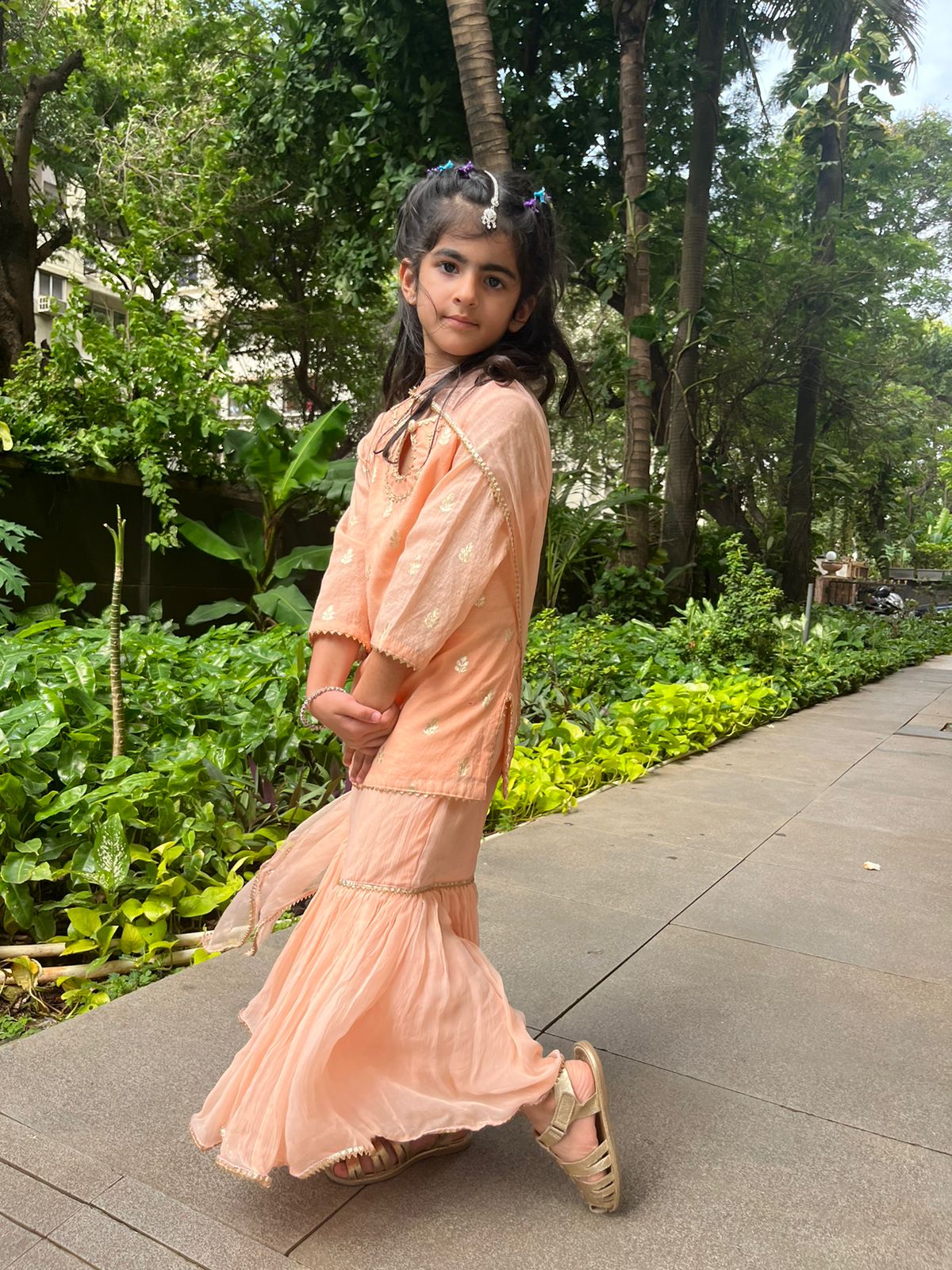 Pretty peach chanderi kurta with sharara
