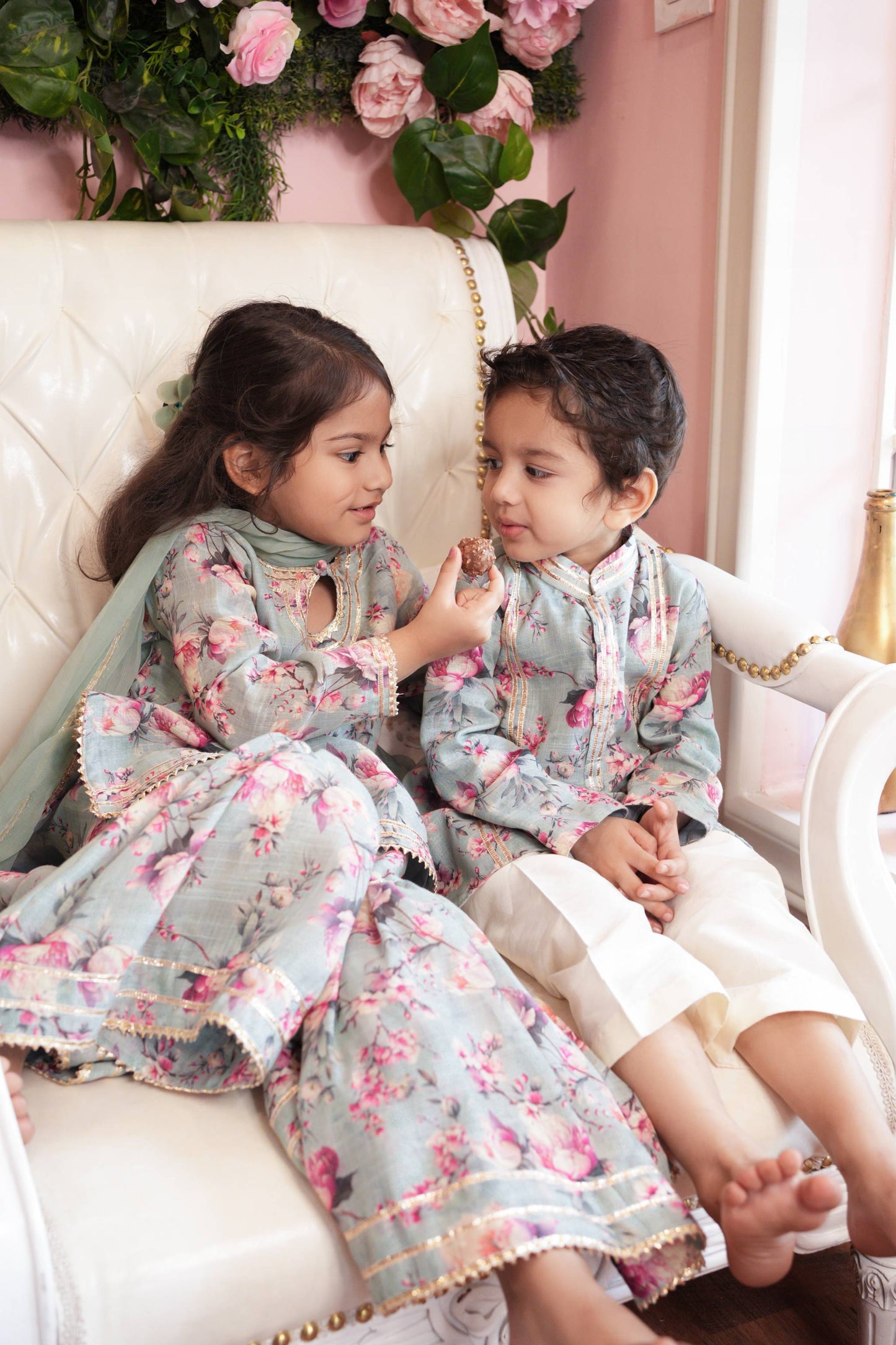 Lovely floral linen cotton sibling kurta set & sharara set