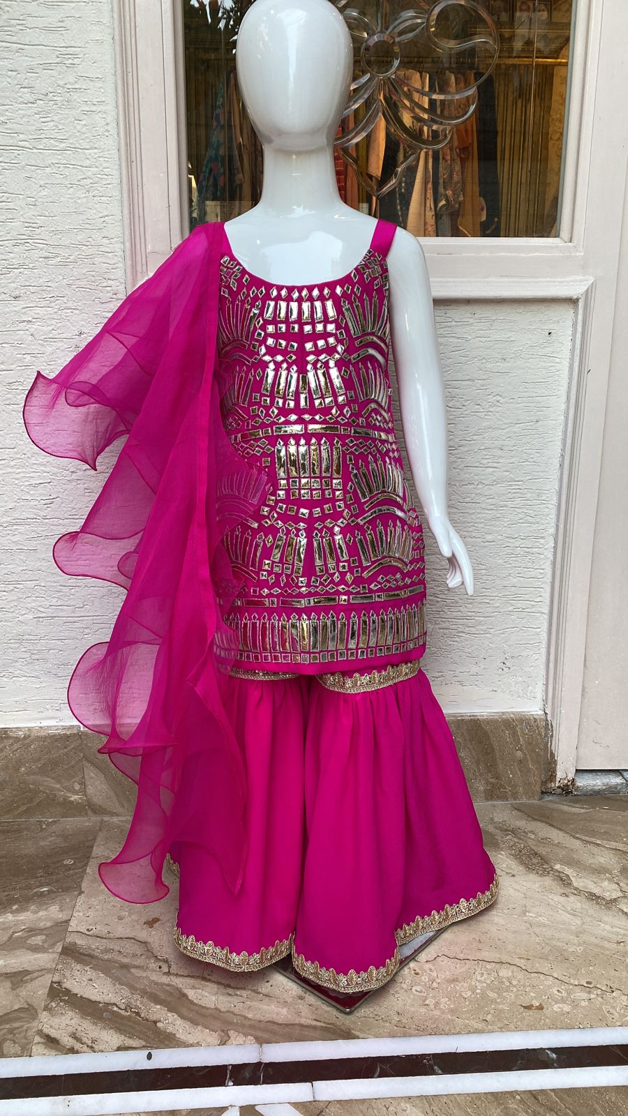 Hot Pink Minor work sharara set with ruffled dupatta