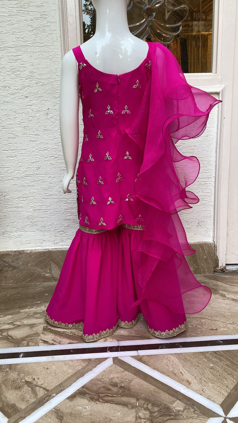 Hot Pink Minor work sharara set with ruffled dupatta