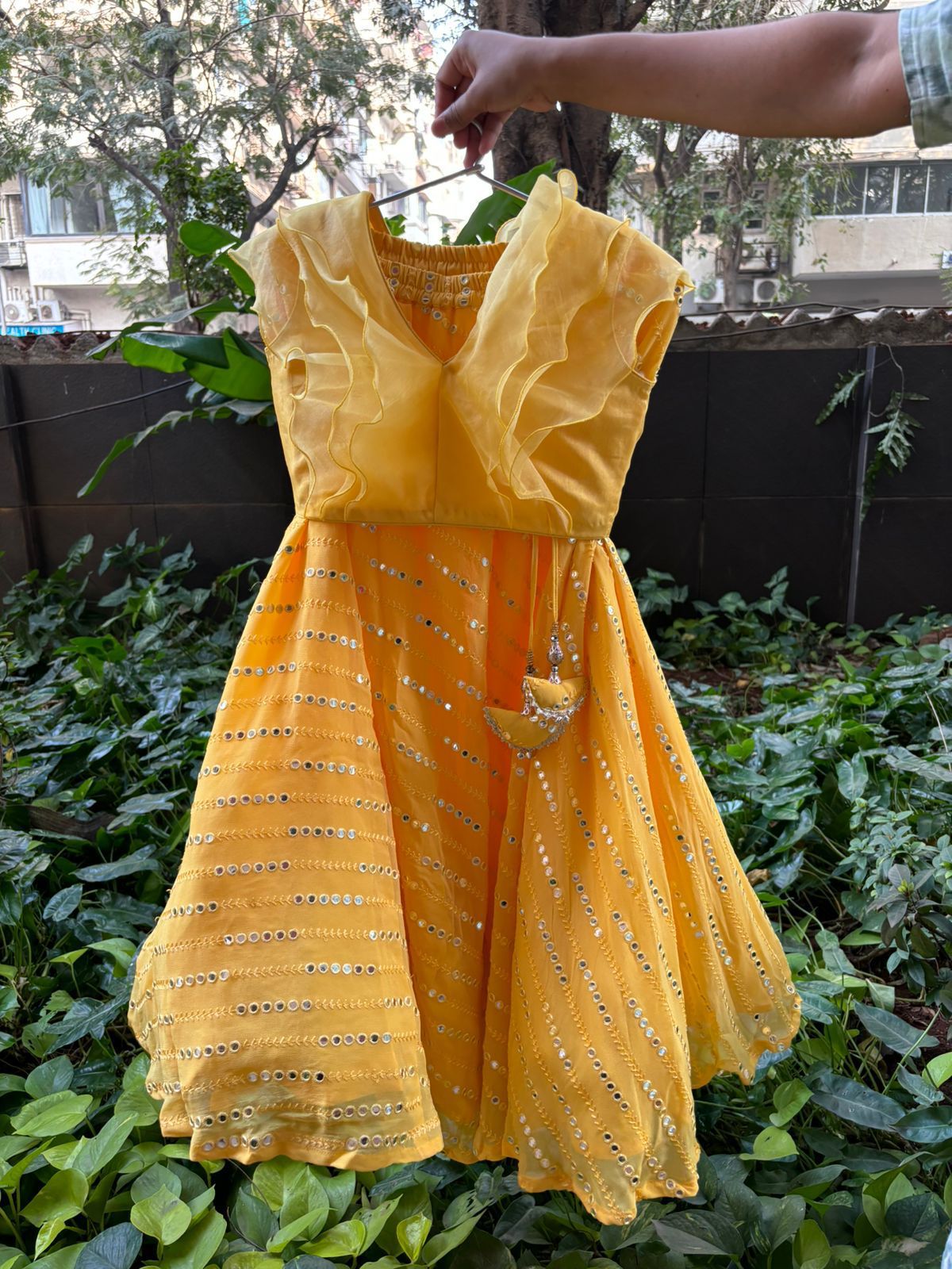 Yellow mirror work lehenga set