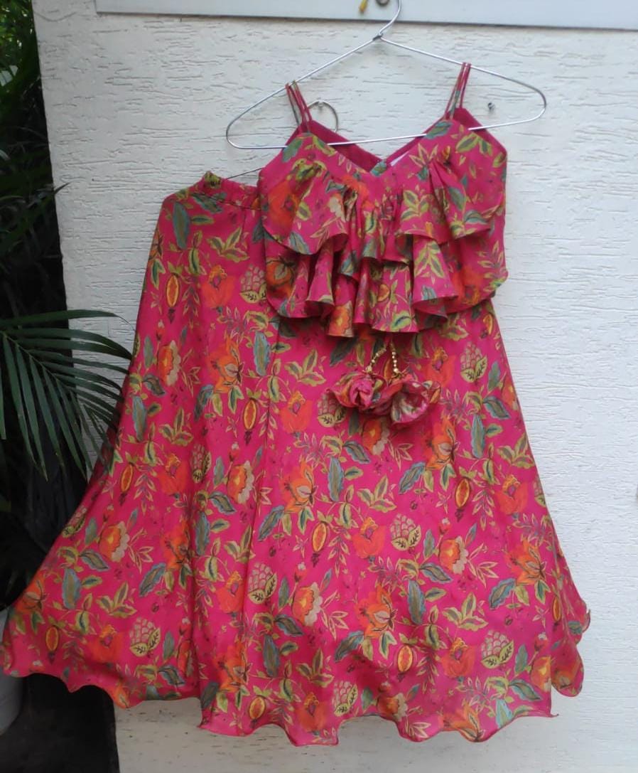 Carrot printed lehenga with spaghetti blouse set