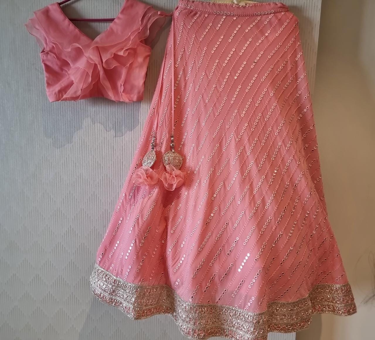 Coral mirror work lehenga set