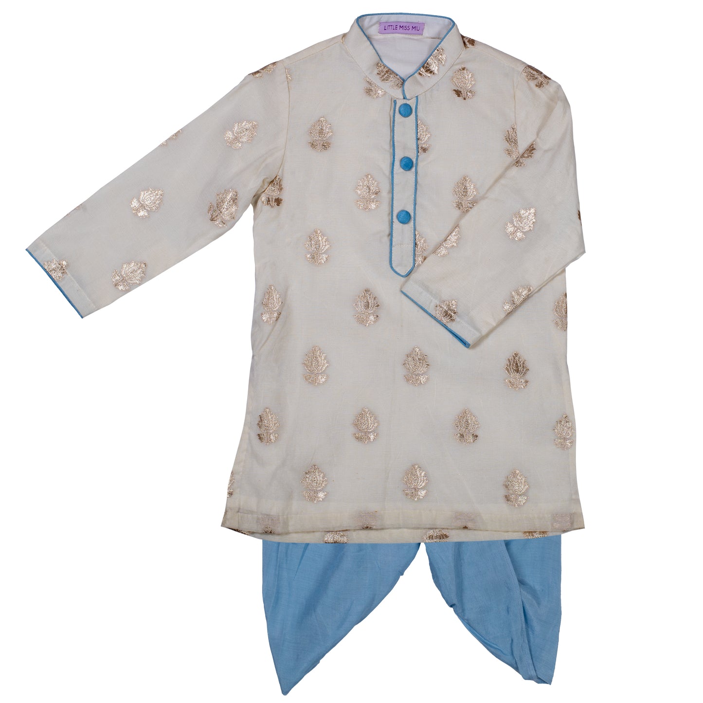 Off white benarasi kurta & blue dhoti set
