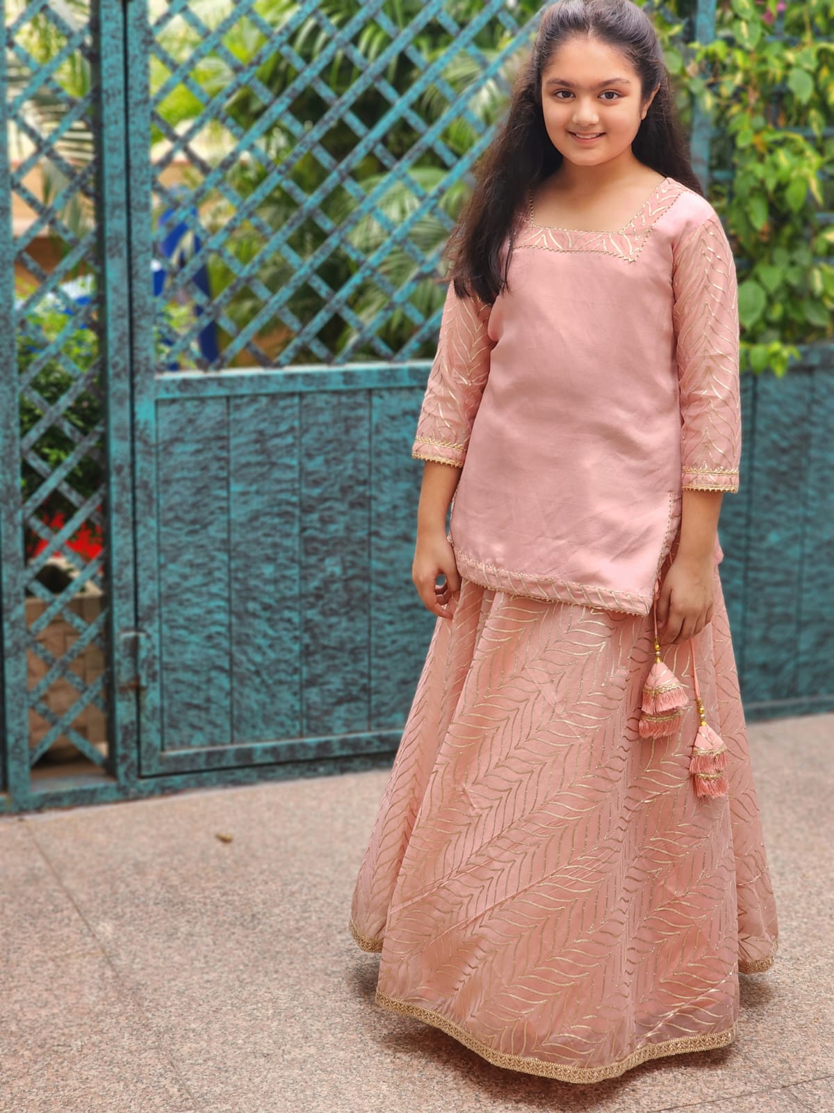 Salmon pink short kurti and skirt set