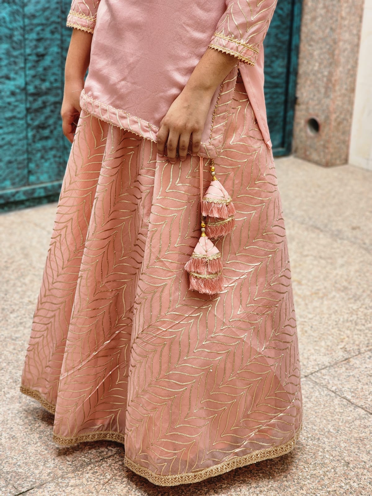 Salmon pink short kurti and skirt set