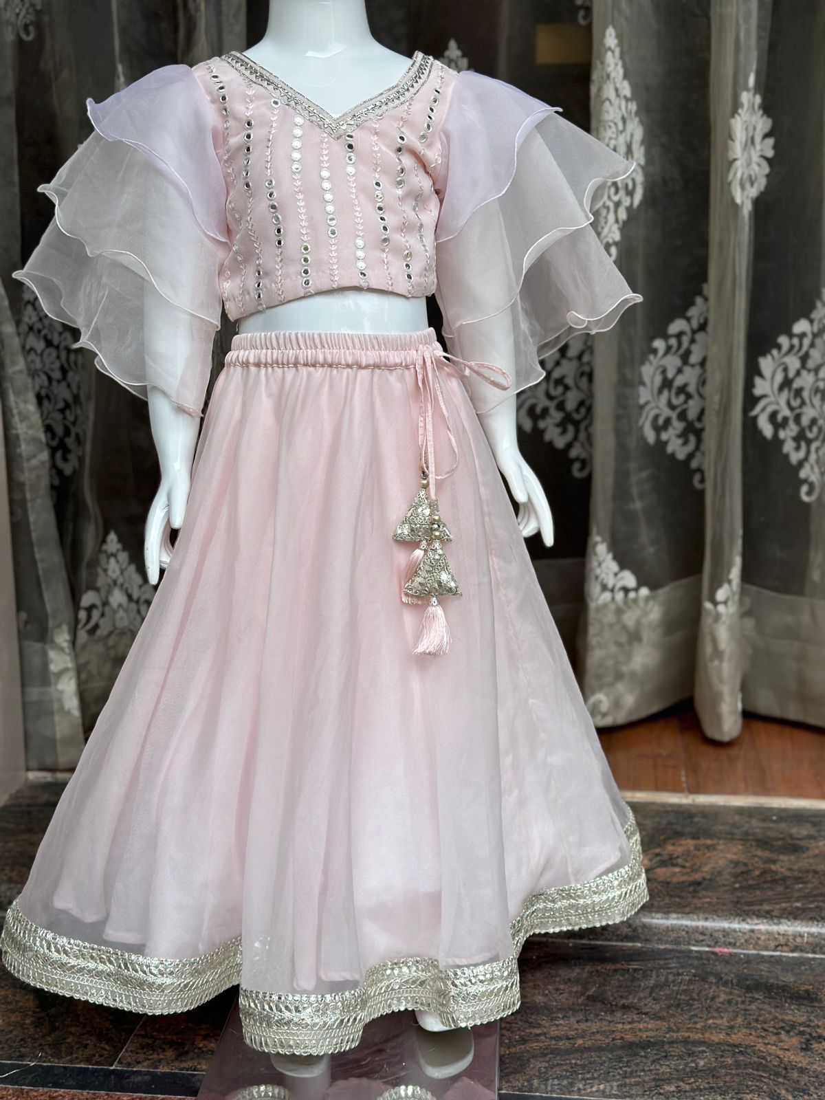 Pretty ice pink mirror work lehenga set
