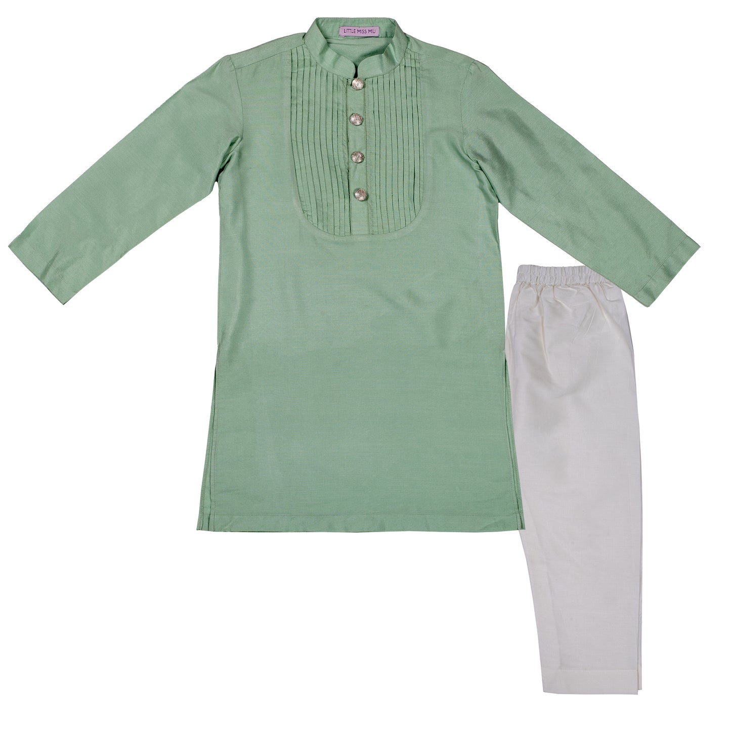 Stunning seagreen kurta with pintex on the neck along with white pants