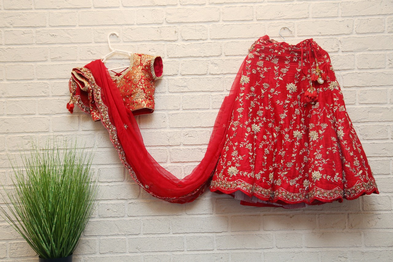 Crimson red raw silk zardosi lehenga set