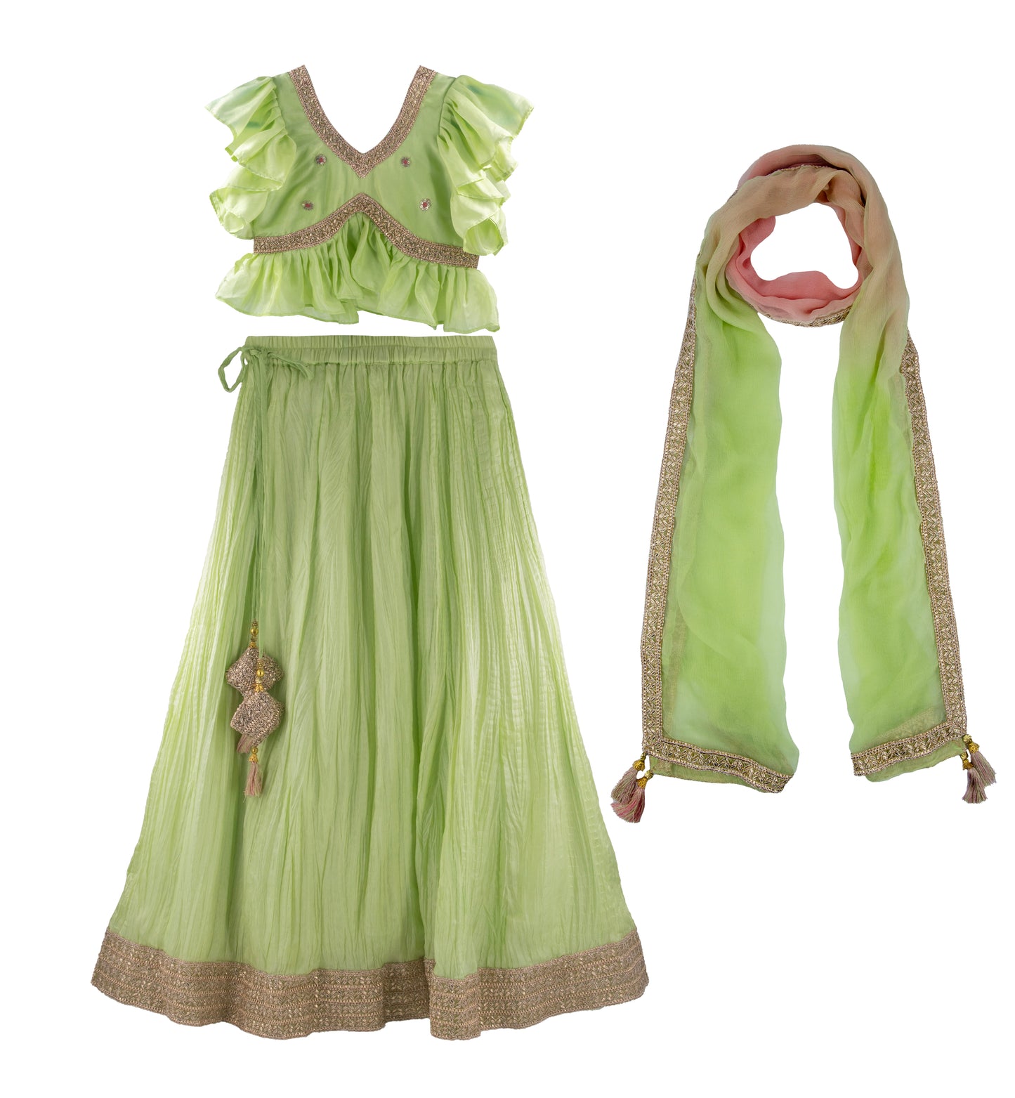 Pista green frill lehenga set