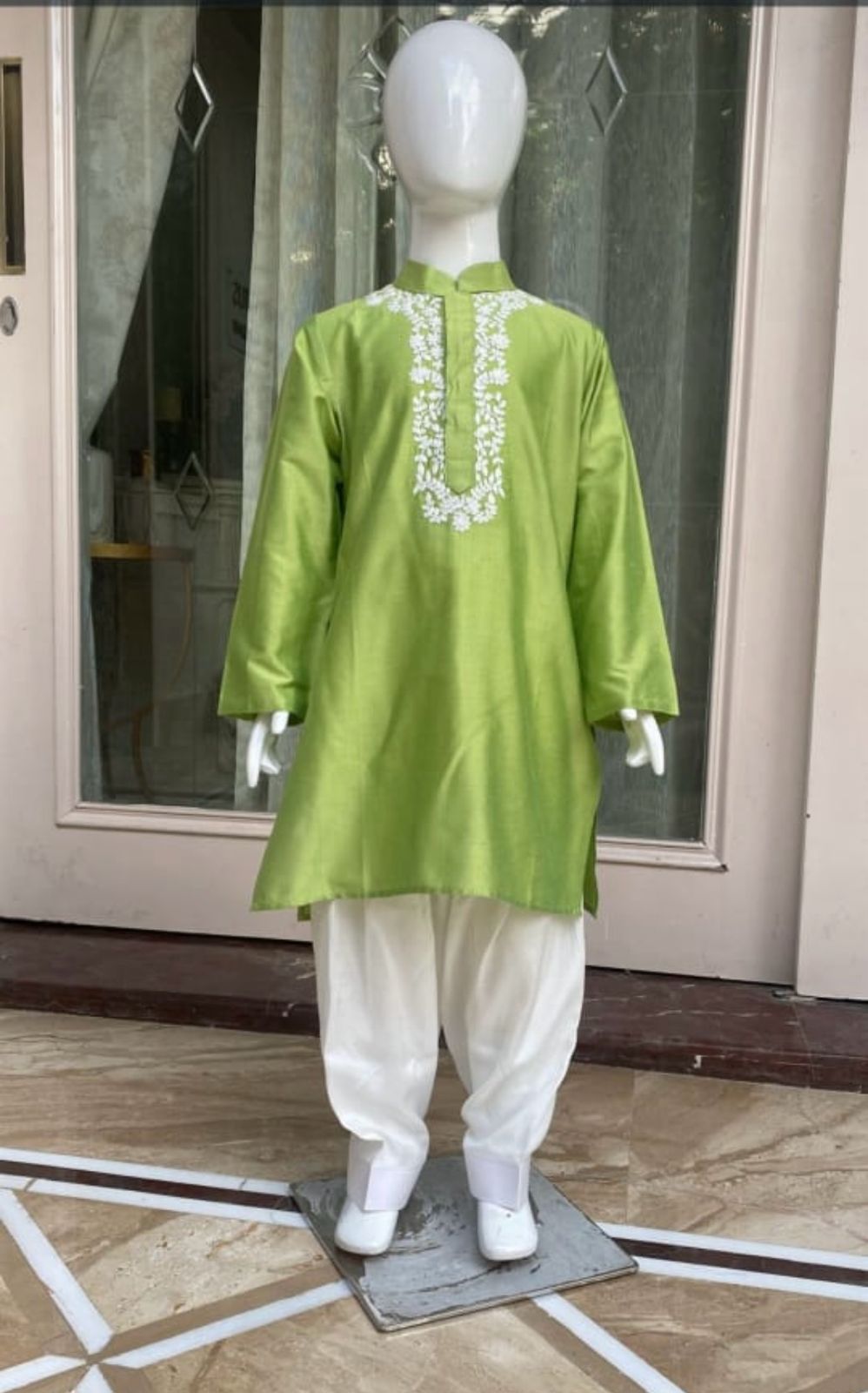 Soothing parrot green cotton silk kurta & white pants set