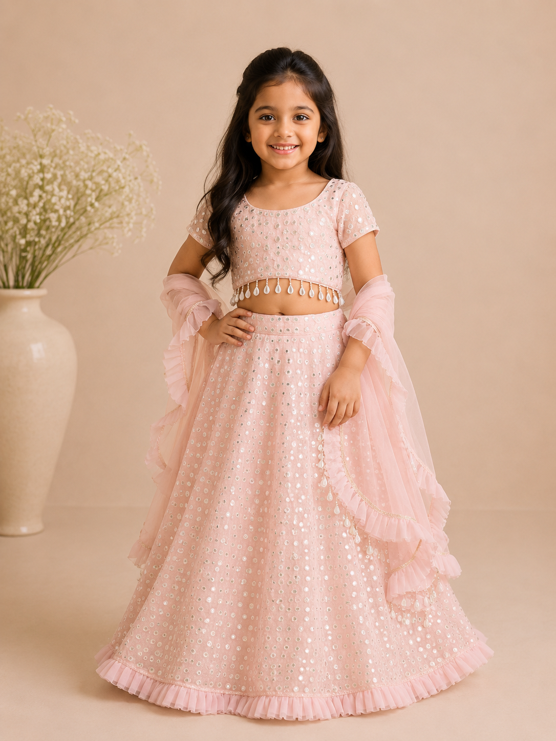 Powder pink mirror work lehenga set