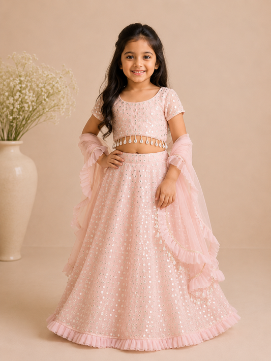 Powder pink mirror work lehenga set